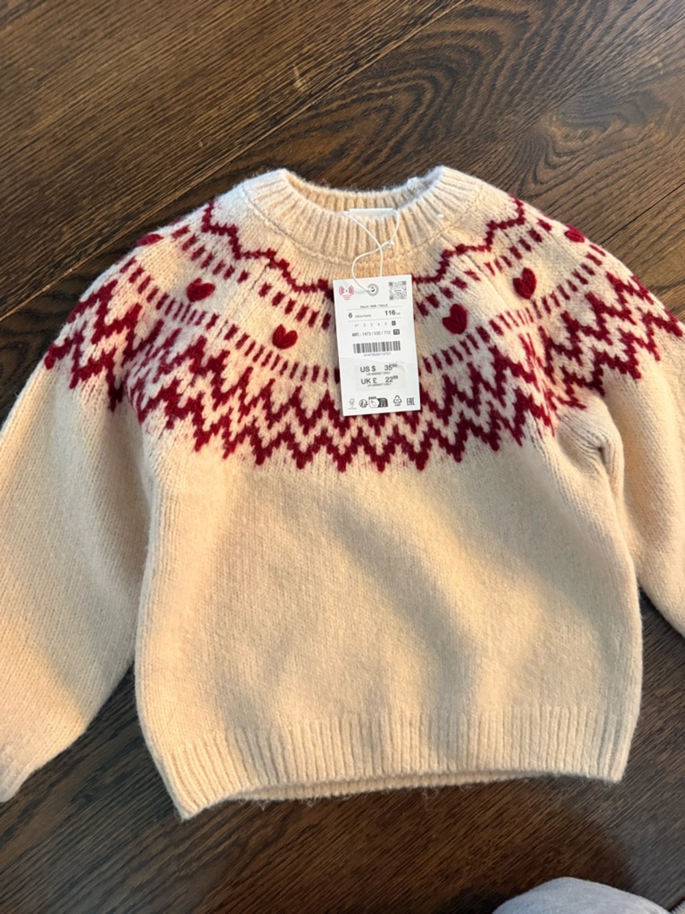 Zara Cream Sweater with Red Fair Isle Yoke